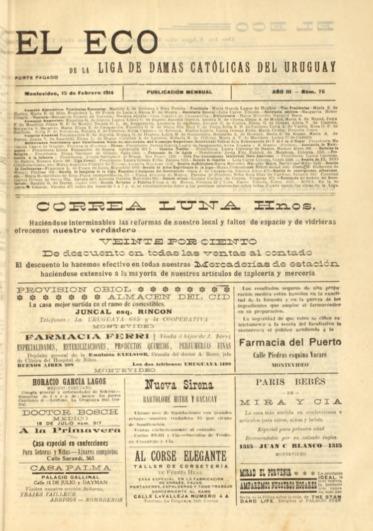 EL ECO (DE LA LIGA DE LAS DAMAS CATOLICAS DEL URUGUAY) del 15/02/1914
